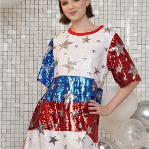 Red and Blue Mini Dress with Sequins and Asymmetrical Sleeves